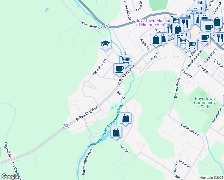 map of restaurants, bars, coffee shops, grocery stores, and more near 605 South Reading Avenue in Boyertown
