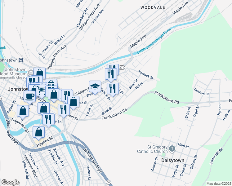 map of restaurants, bars, coffee shops, grocery stores, and more near 828R Devlin Street in Johnstown