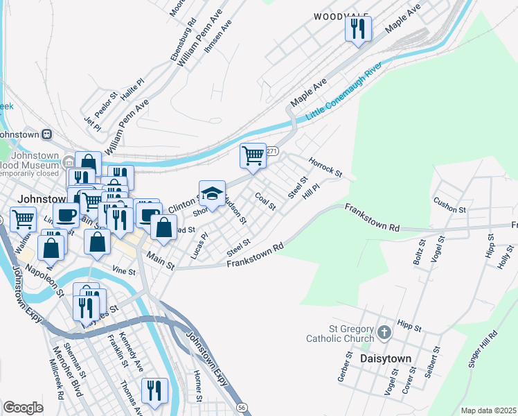 map of restaurants, bars, coffee shops, grocery stores, and more near 828R Devlin Street in Johnstown