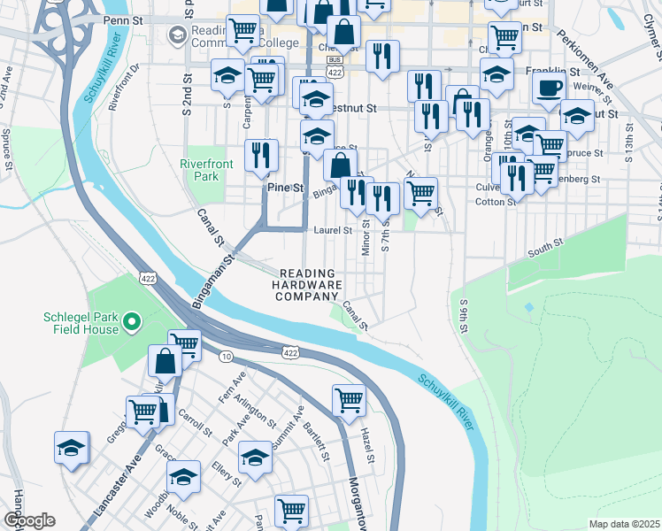 map of restaurants, bars, coffee shops, grocery stores, and more near 555 Pearl Street in Reading