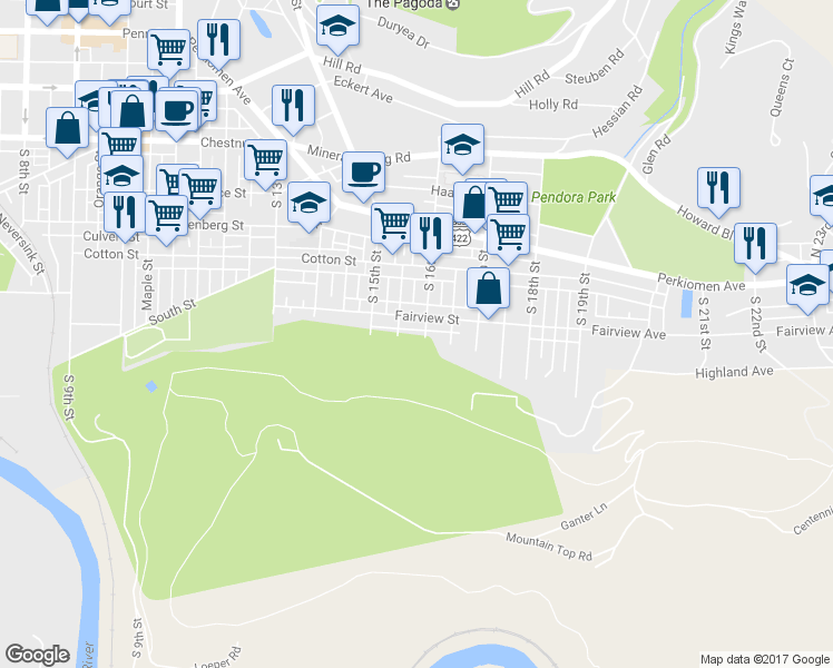 map of restaurants, bars, coffee shops, grocery stores, and more near 616 South 16th Street in Reading