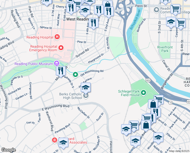 map of restaurants, bars, coffee shops, grocery stores, and more near 814 Joan Terrace in Reading