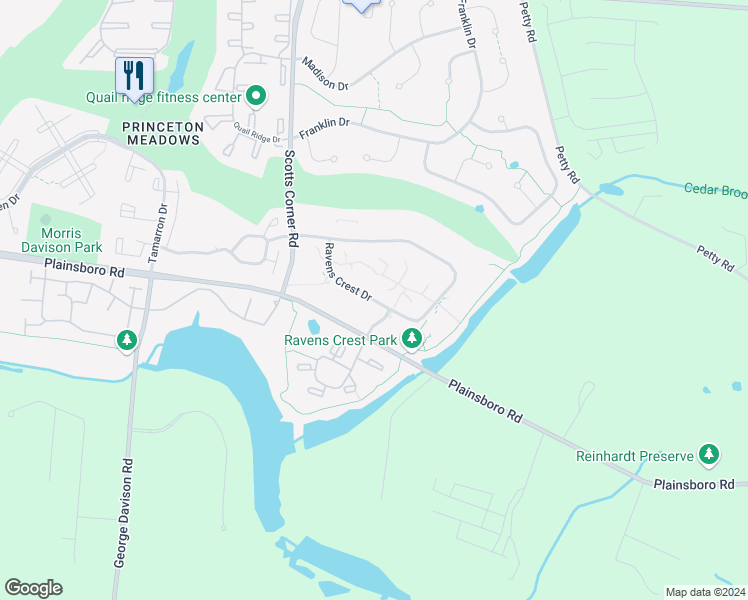 map of restaurants, bars, coffee shops, grocery stores, and more near 5322 Ravens Crest Drive in Plainsboro Township