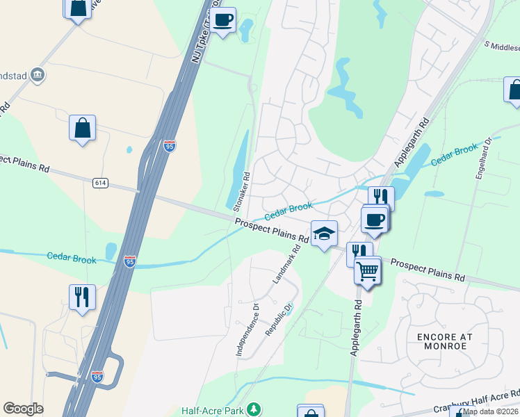 map of restaurants, bars, coffee shops, grocery stores, and more near 457 Roxbury Lane in Monroe Township