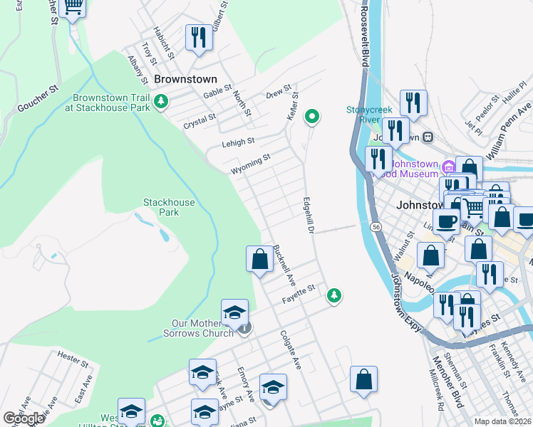 map of restaurants, bars, coffee shops, grocery stores, and more near 144 Erie Street in Johnstown