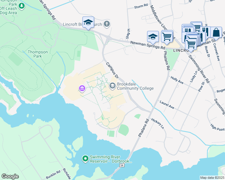 map of restaurants, bars, coffee shops, grocery stores, and more near 765 Newman Springs Road in Middletown Township