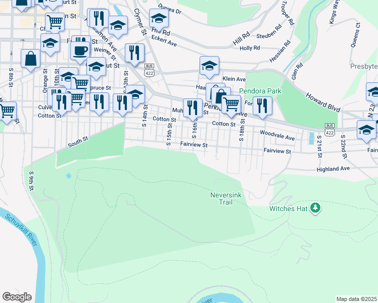 map of restaurants, bars, coffee shops, grocery stores, and more near 616 South 16th Street in Reading