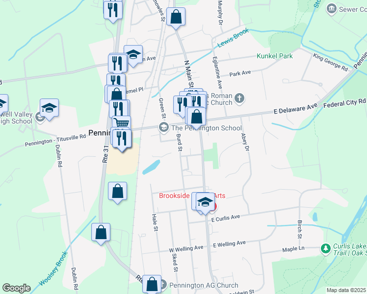 map of restaurants, bars, coffee shops, grocery stores, and more near 18 Academy Court in Pennington