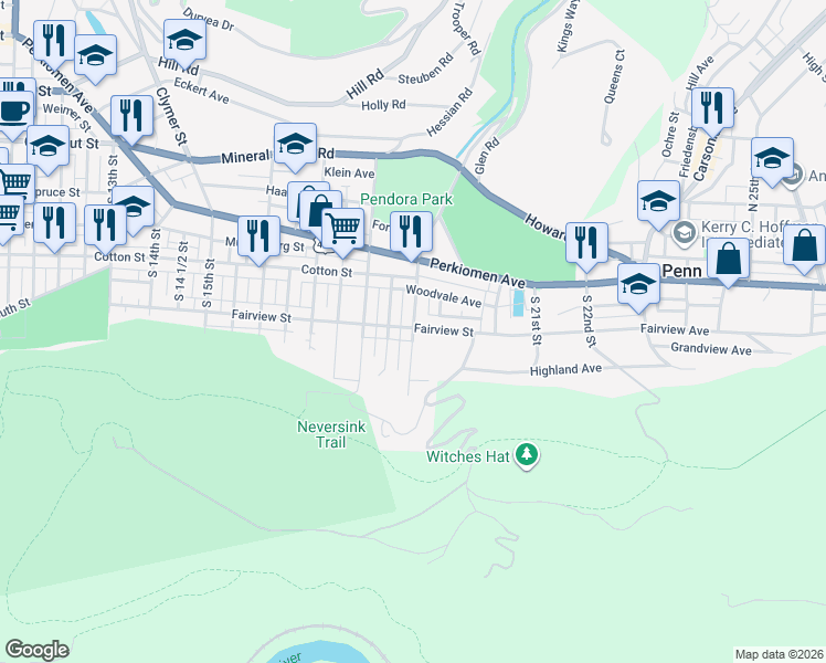 map of restaurants, bars, coffee shops, grocery stores, and more near 1936 Fairview Avenue in Reading