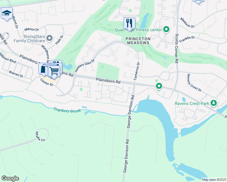 map of restaurants, bars, coffee shops, grocery stores, and more near 80 Thoreau Drive in Plainsboro Township