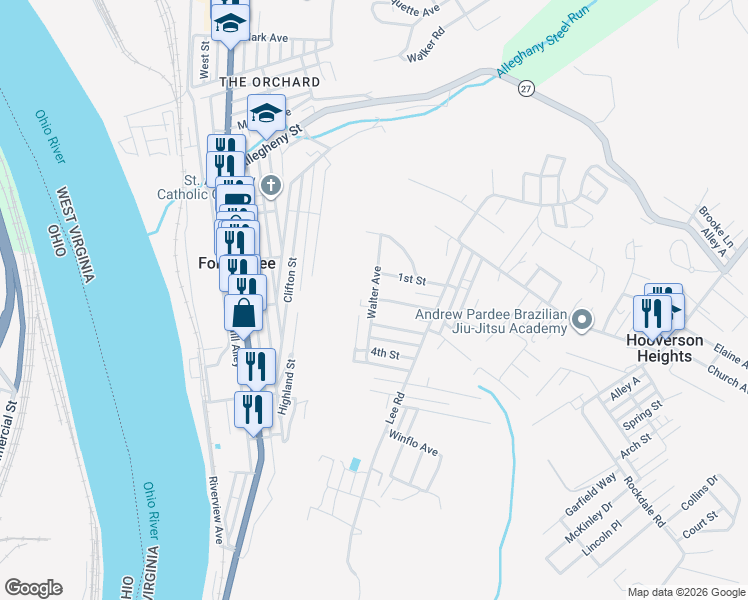 map of restaurants, bars, coffee shops, grocery stores, and more near 198 2nd Street in Follansbee
