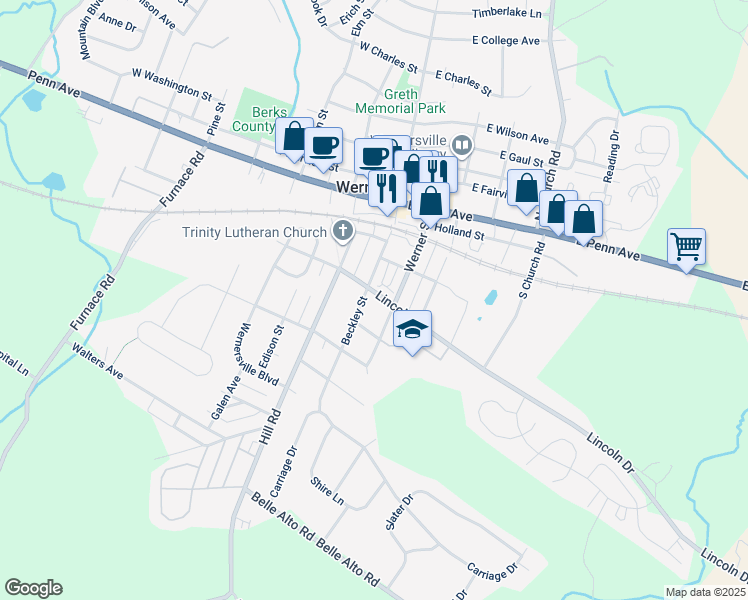 map of restaurants, bars, coffee shops, grocery stores, and more near 16 Lincoln Drive in Wernersville