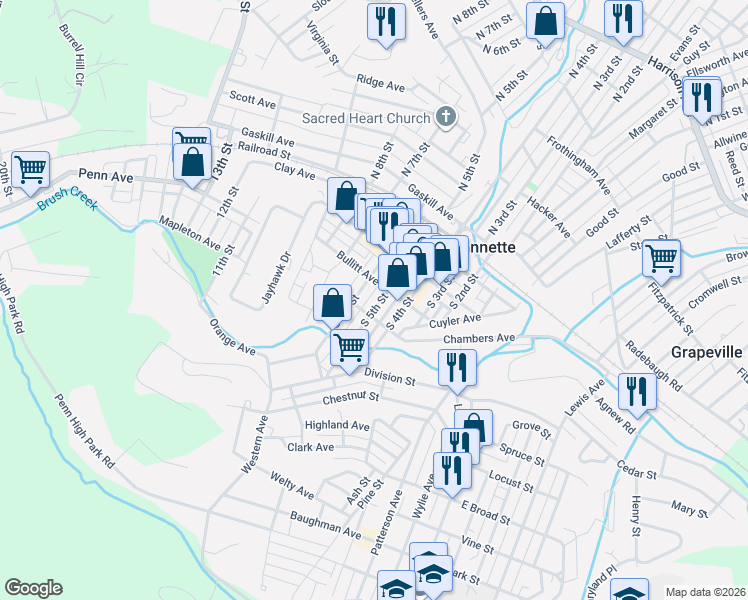 map of restaurants, bars, coffee shops, grocery stores, and more near 327 South 5th Street in Jeannette