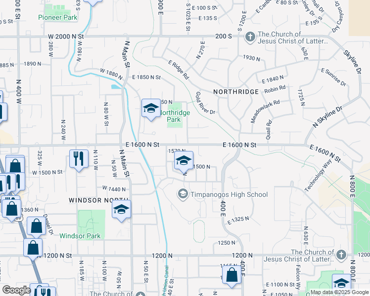 map of restaurants, bars, coffee shops, grocery stores, and more near 193 1570 North in Orem