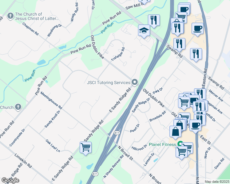 map of restaurants, bars, coffee shops, grocery stores, and more near 23 Sandy Knoll Drive in Doylestown