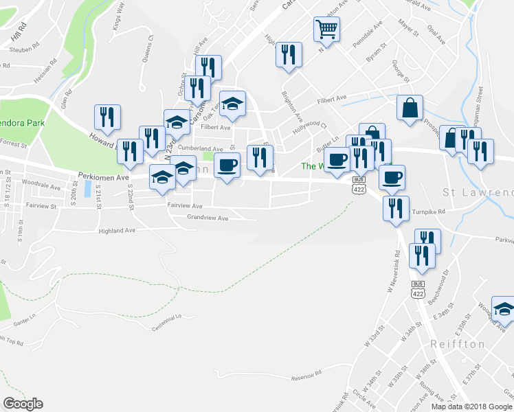 map of restaurants, bars, coffee shops, grocery stores, and more near 2535 Fairview Avenue in Mount Penn