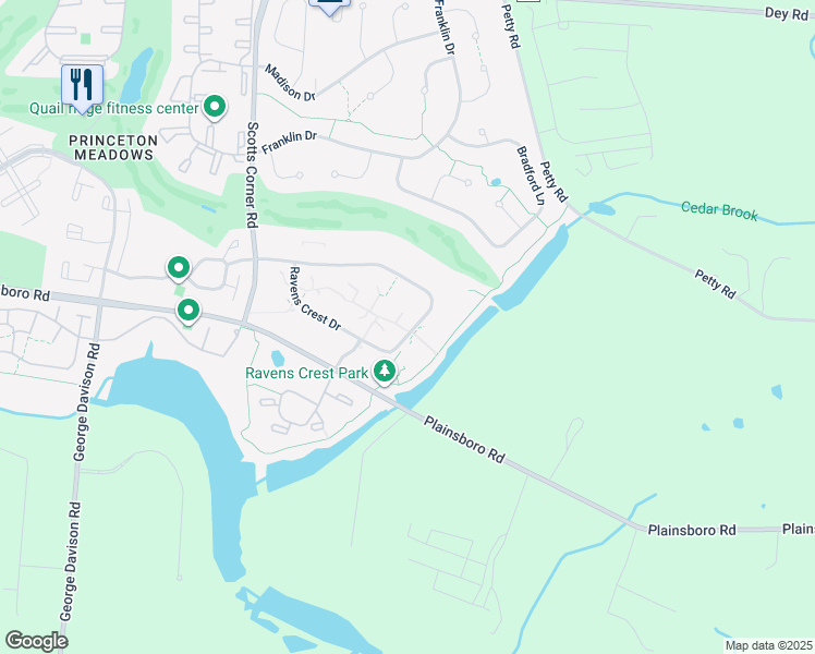 map of restaurants, bars, coffee shops, grocery stores, and more near 704 Ravens Crest Drive in Princeton Meadows