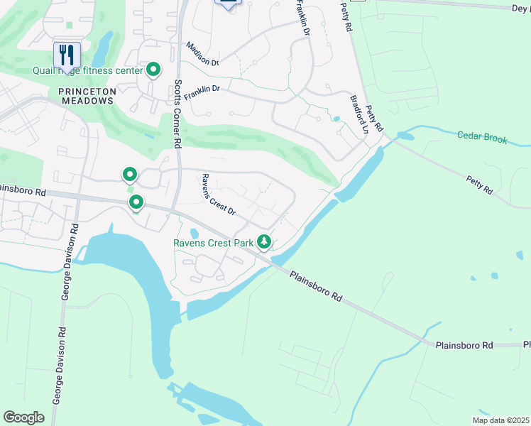 map of restaurants, bars, coffee shops, grocery stores, and more near 4915 Ravens Crest Drive in Princeton Meadows