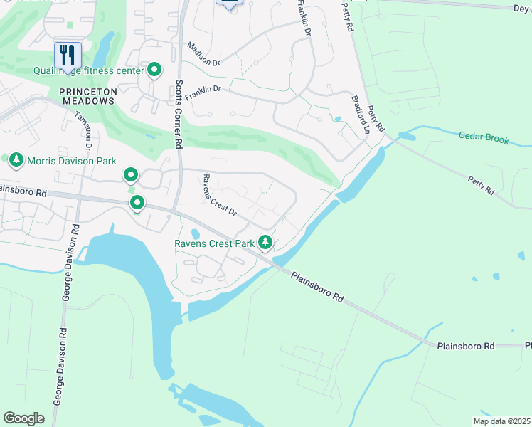 map of restaurants, bars, coffee shops, grocery stores, and more near 4915 Ravens Crest Drive in Princeton Meadows