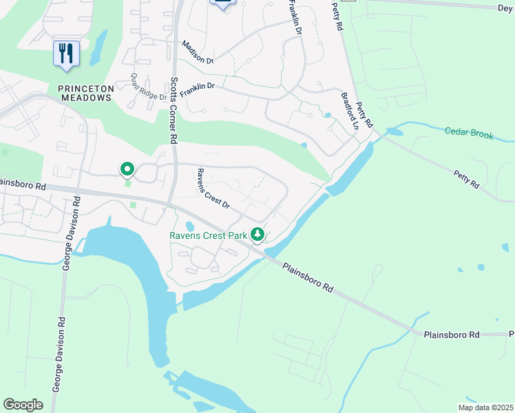 map of restaurants, bars, coffee shops, grocery stores, and more near 4915 Ravens Crest Drive in Princeton Meadows