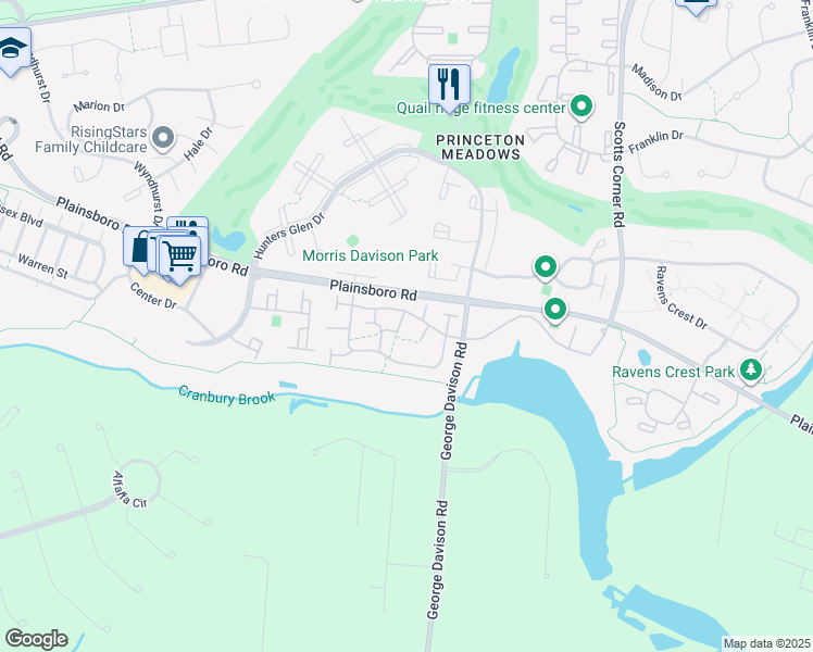 map of restaurants, bars, coffee shops, grocery stores, and more near 47 Tennyson Drive in Princeton Meadows