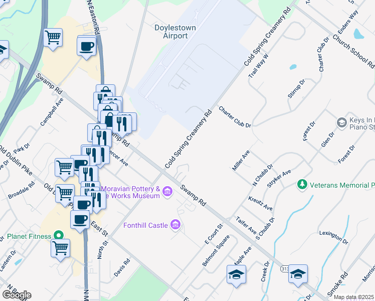 map of restaurants, bars, coffee shops, grocery stores, and more near 3681 Cold Spring Creamery Road in Doylestown
