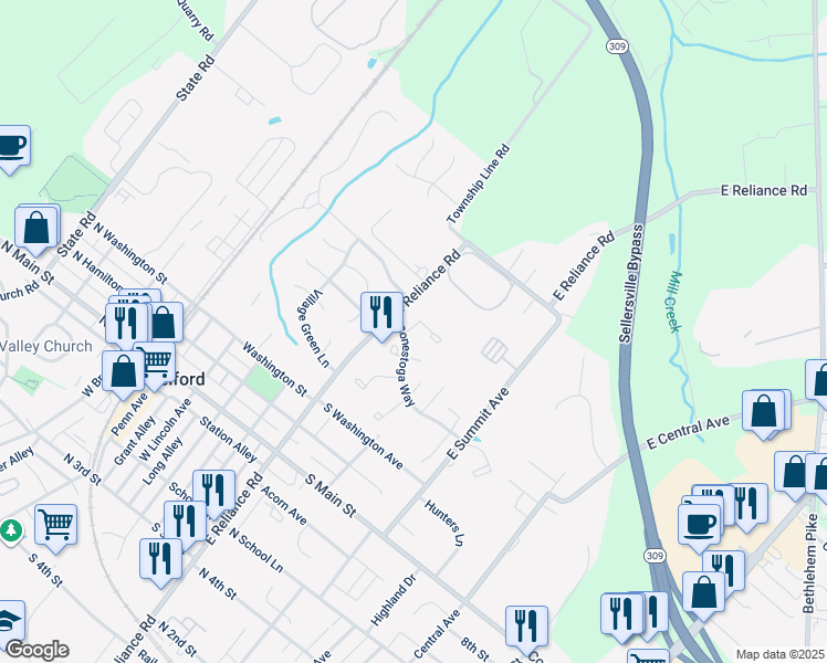 map of restaurants, bars, coffee shops, grocery stores, and more near 93 Reliance Circle in Telford