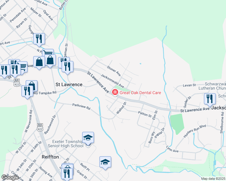 map of restaurants, bars, coffee shops, grocery stores, and more near 3519 Saint Lawrence Avenue in Reading