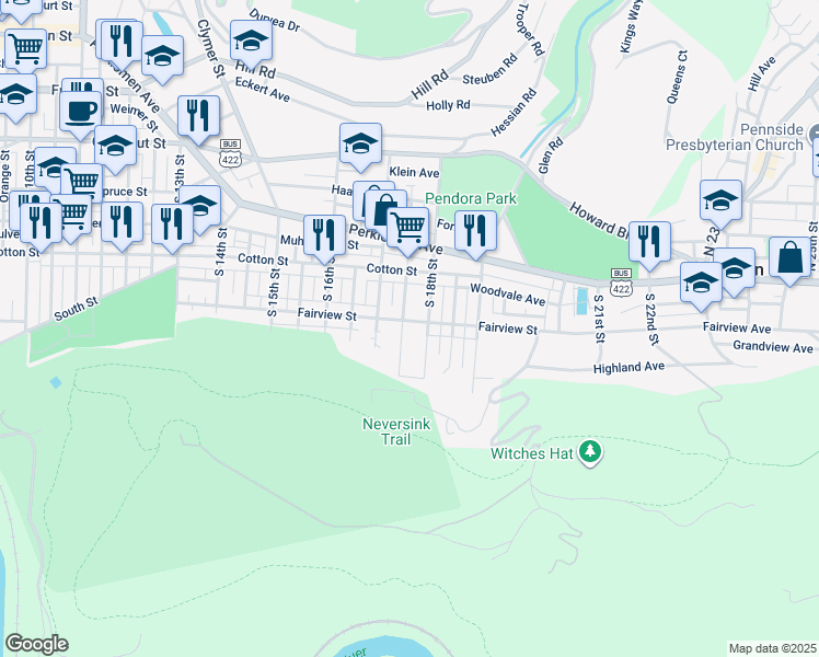 map of restaurants, bars, coffee shops, grocery stores, and more near 1736 Fairview St in Reading