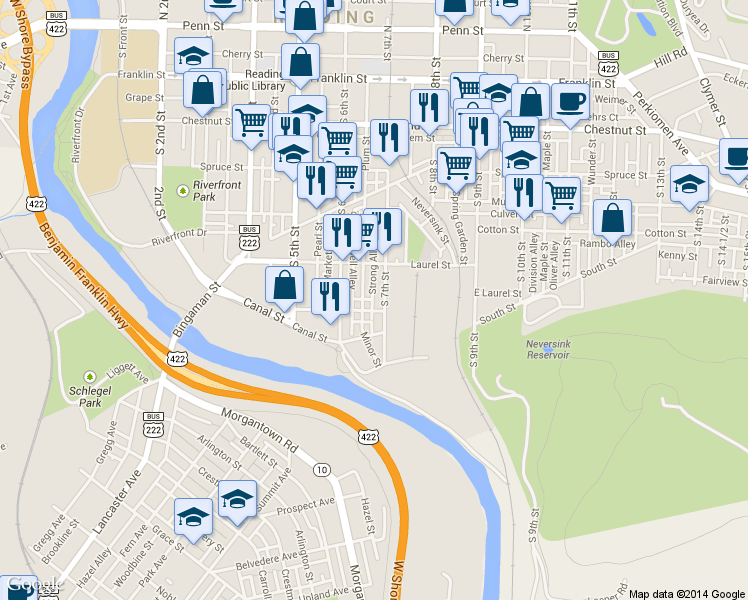 map of restaurants, bars, coffee shops, grocery stores, and more near 720 Laurel Street in Reading