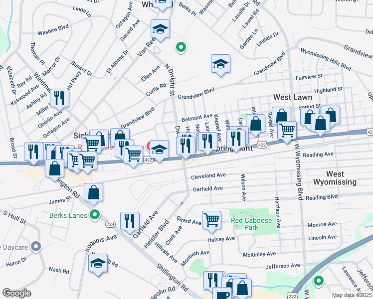 map of restaurants, bars, coffee shops, grocery stores, and more near 14 Howard Street in West Lawn