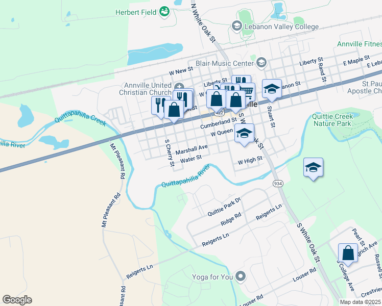 map of restaurants, bars, coffee shops, grocery stores, and more near 134 South Chestnut Street in Annville