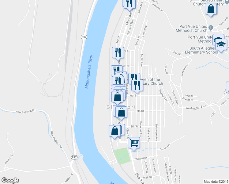 map of restaurants, bars, coffee shops, grocery stores, and more near 544 Monongahela Avenue in Glassport