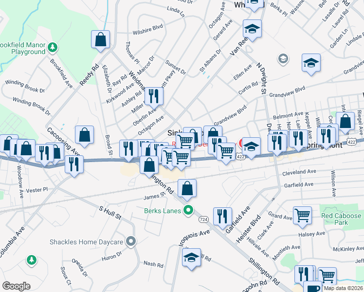 map of restaurants, bars, coffee shops, grocery stores, and more near 52 Blanbird Drive in Sinking Spring