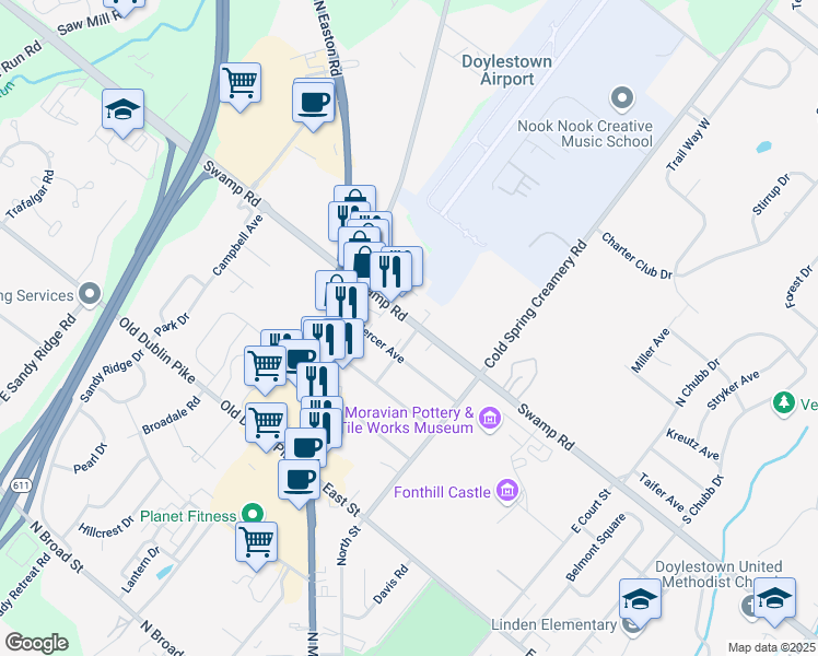 map of restaurants, bars, coffee shops, grocery stores, and more near 33 Mercer Avenue in Doylestown