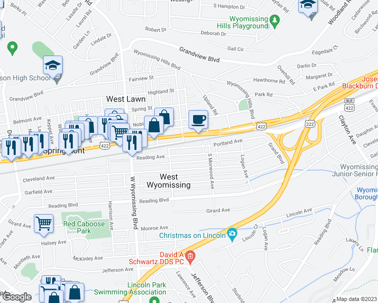 map of restaurants, bars, coffee shops, grocery stores, and more near 2143 Reading Avenue in West Lawn