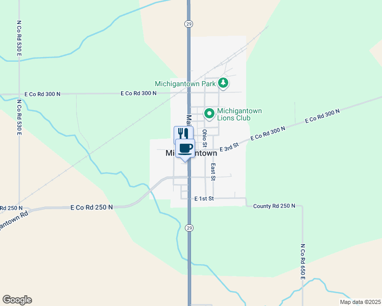 map of restaurants, bars, coffee shops, grocery stores, and more near in Michigantown
