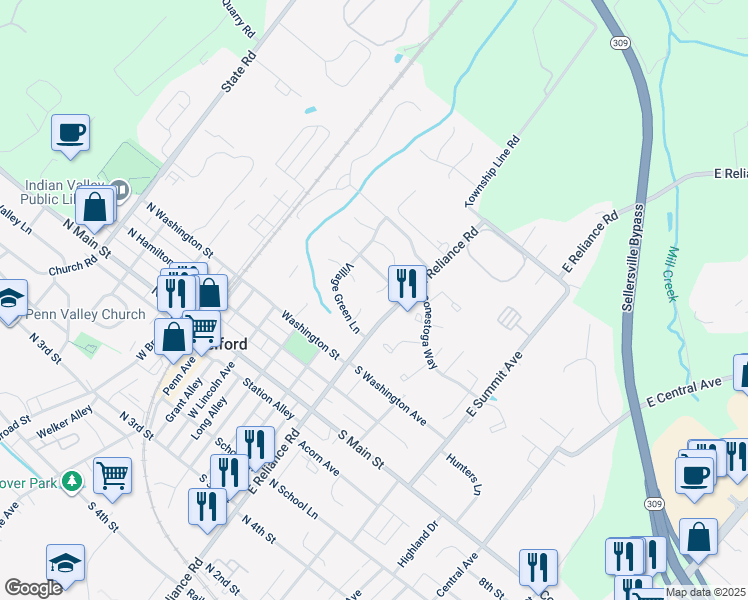 map of restaurants, bars, coffee shops, grocery stores, and more near 54 Hilltop Circle in Telford