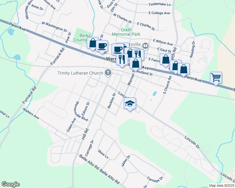 map of restaurants, bars, coffee shops, grocery stores, and more near 16 Lincoln Drive in Wernersville