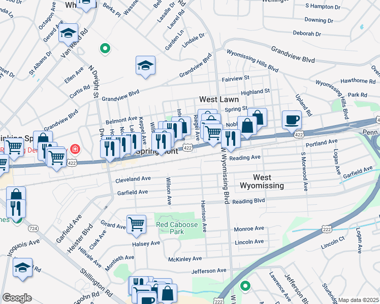 map of restaurants, bars, coffee shops, grocery stores, and more near 2426R Penn Avenue in West Lawn