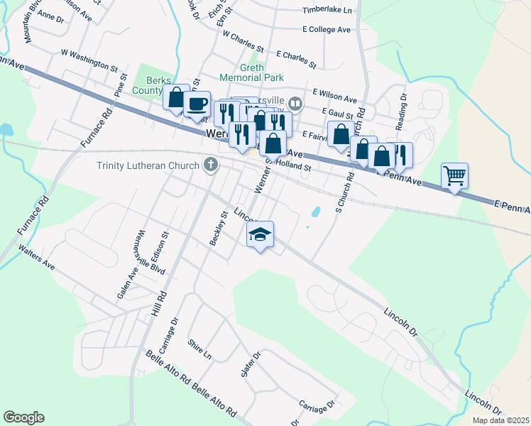 map of restaurants, bars, coffee shops, grocery stores, and more near 132 South Reber Street in Wernersville