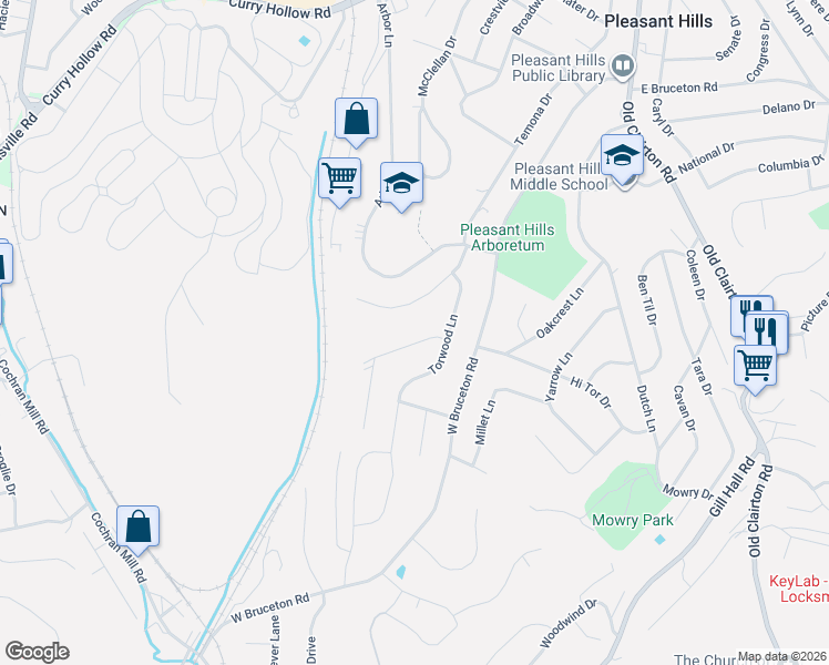 map of restaurants, bars, coffee shops, grocery stores, and more near 411 Woodrift Lane in Pittsburgh