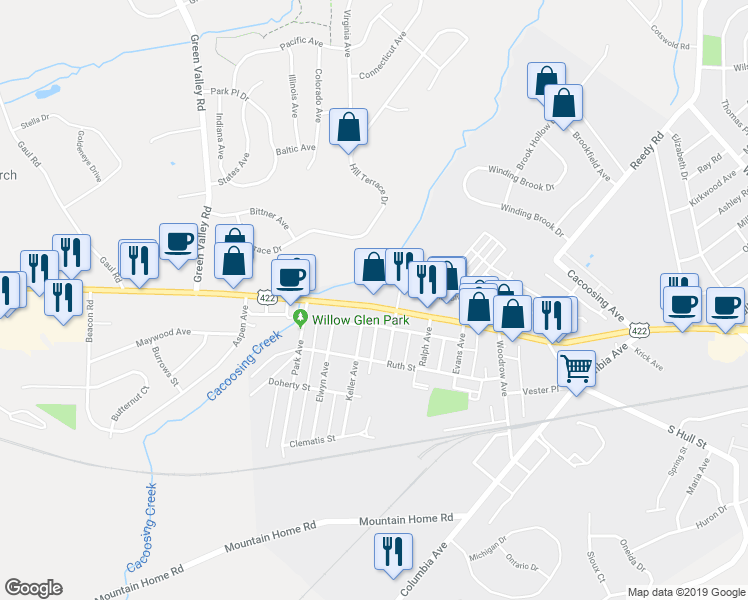 map of restaurants, bars, coffee shops, grocery stores, and more near 4453 Penn Avenue in Reading