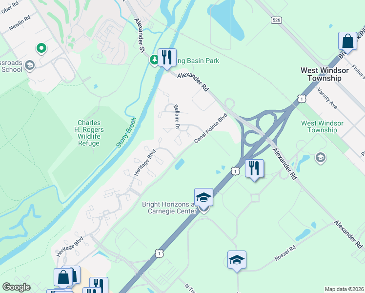 map of restaurants, bars, coffee shops, grocery stores, and more near 20 Exeter Court in Princeton