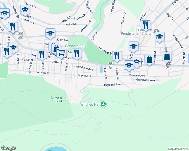 map of restaurants, bars, coffee shops, grocery stores, and more near 122 South 20th Street in Mount Penn
