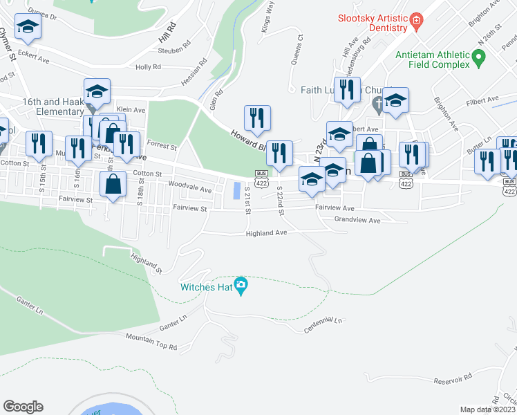 map of restaurants, bars, coffee shops, grocery stores, and more near 2115 Fairview Avenue in Mount Penn
