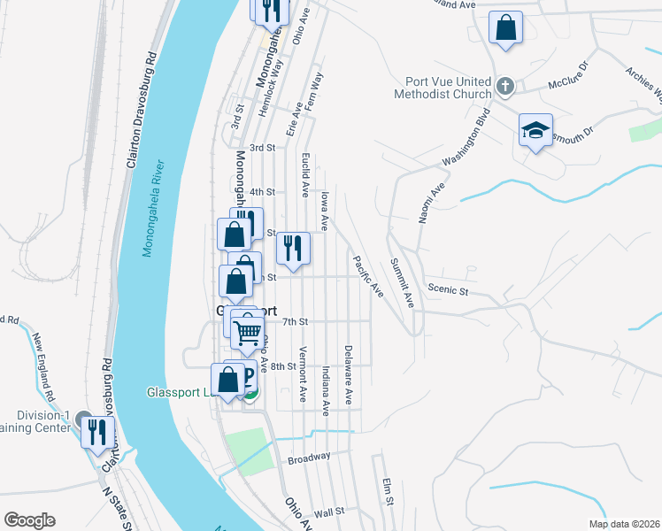 map of restaurants, bars, coffee shops, grocery stores, and more near 533 Indiana Avenue in Glassport