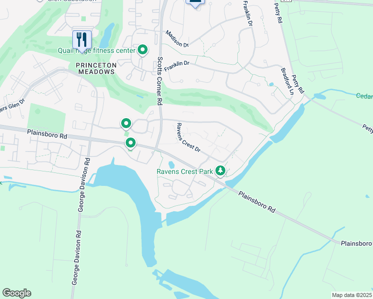 map of restaurants, bars, coffee shops, grocery stores, and more near 4310 Ravens Crest Drive in Plainsboro Township