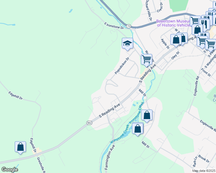 map of restaurants, bars, coffee shops, grocery stores, and more near 220 Popodickon Drive in Boyertown