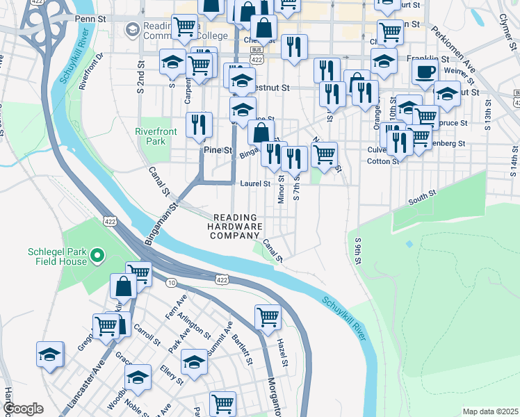 map of restaurants, bars, coffee shops, grocery stores, and more near 544 South 6th Street in Reading
